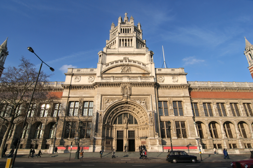 Front of Victoria & Albert museum on a sunny day with sky in background