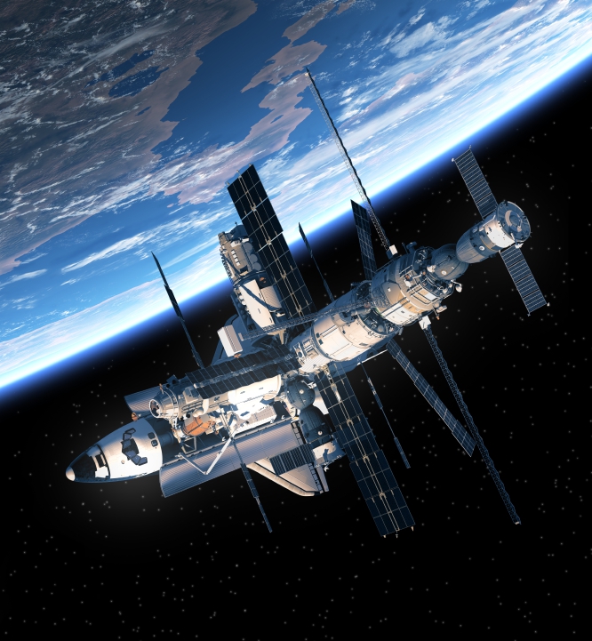 The international space station in space, with the earth in the background