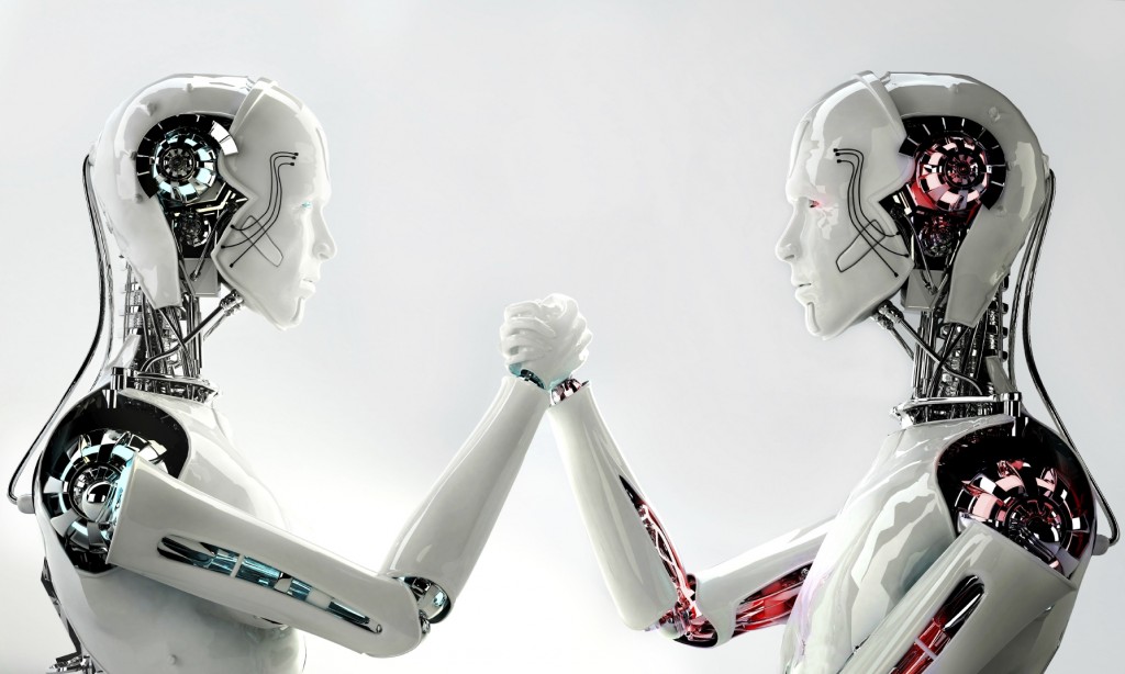 Two robots locking hands and looking at one another